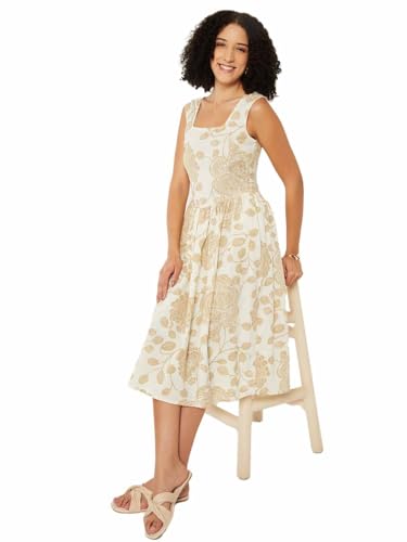 Max Women Printed Fit & Flare Midi Dress (Beige_XS)