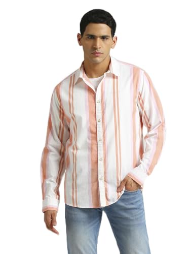 Pepe Jeans Men's Striped Regular Fit Shirt (Peach Orange)