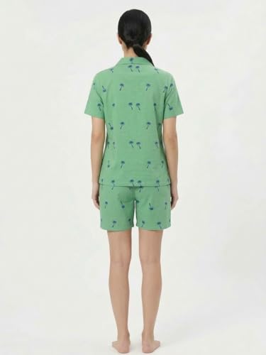 Freesia Array Women's Cotton Collared Short Sleeve Shirt and Shorts Set, Green with Palm Tree Print (XL)
