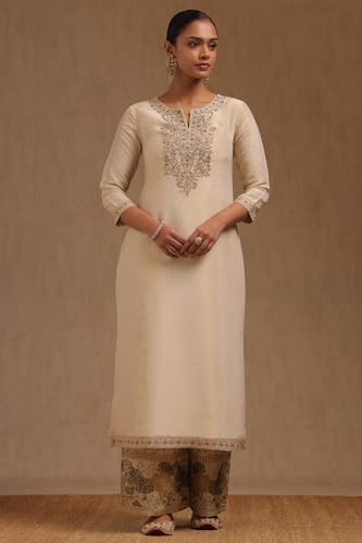 Soch Womens Beige Tissue Suit Set With With Beads and Stones