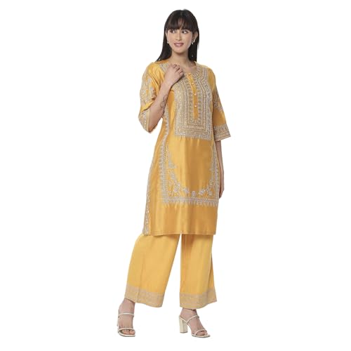 Biba Women's Cotton Blend Kurta Set (SKDMEWAR10863SS25OCRYEL_Ochre Yellow
