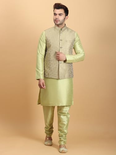 Ethluxis Men's Silk Blend Floral Kurta Pyjama Jacket Set (44, Lime), Green