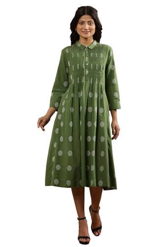 W for Woman W Women Green Polka Print Cotton Flax Flarred Dress_24FEW11081-313885_S