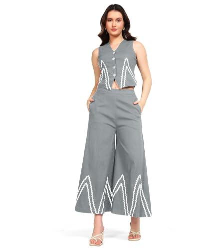 DEEBACO Women's Solid Lycra Ankle Length Waist Coat with Palazzo|V-Neck|Cord Set for Women Fashion|Long Jumpsuits Western Dress for Women Stylish|Two Piece Co ord Set|Casual Wear(DBCO00002276_XL_Grey)
