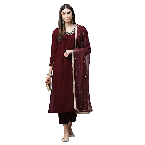 Divena Maroon Velvet hand work Kurta pant With Net Dupatta set
