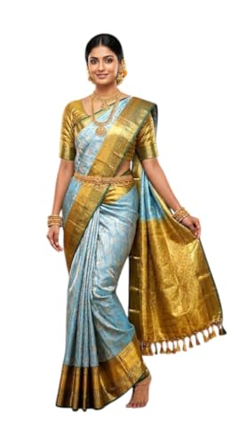 VFCollections Women's Traditional Handloom Kanchipuram Silk Pure Pattu Sarees | Rich Zari Woven Design | Unstitched Blouse (VFC576-2)