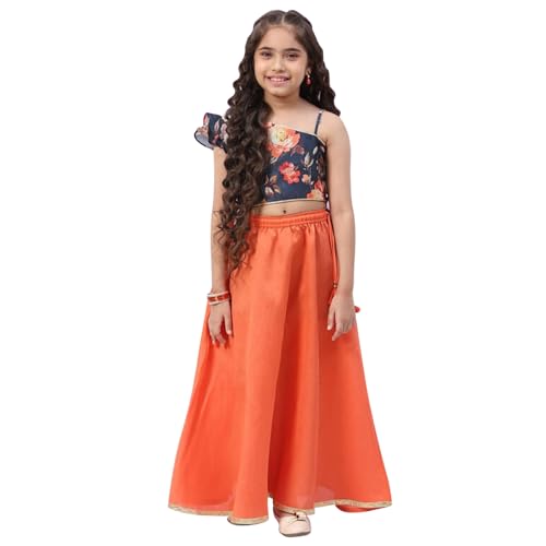 BIBA Girls Polyester Blend Short Kurta Printed Lehenga Set (KW5036EAW22PCH_Pink_14 Years-15 Years)