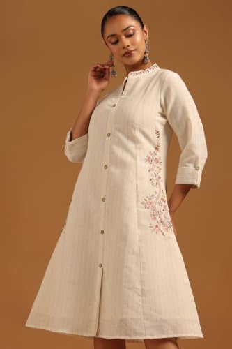 Soch Womens Off White Cotton Striped Dress with Zari Embroidery