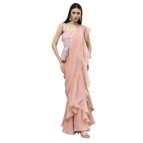 BIBA Women Nude-Colored Peplum Pre-Draped Saree_34