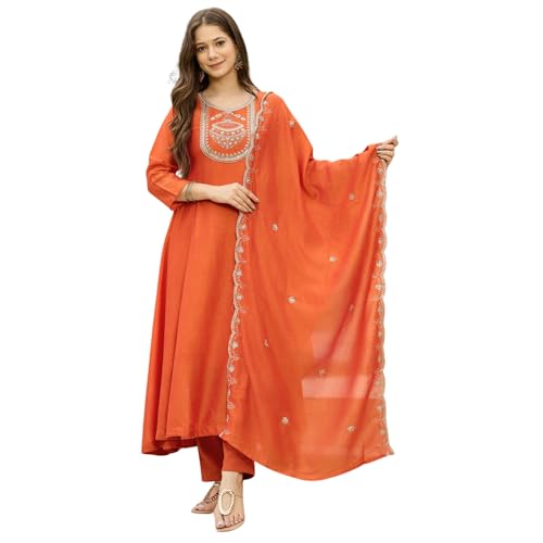 AVYUKTHA | Women Ethnic Motifs Embroidered Kurta with Trors & Dupatta | Traditional Thread Work Kurta Set for Festive & Daily | Orange, Size- M