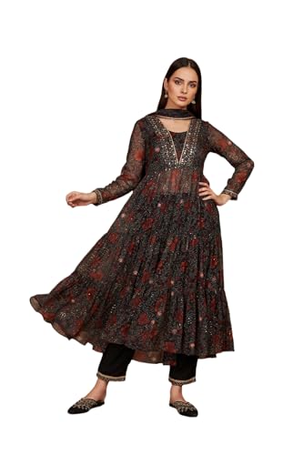 W for Woman Black Floral Printed Chiffon Flared Kurta with Straight Pant and Dupatta Set (WS13197-126216-L)
