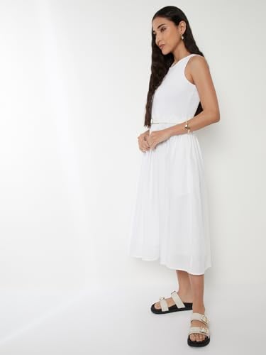 Max Women Solid A-line Midi Dress with Belt (Off White_S)