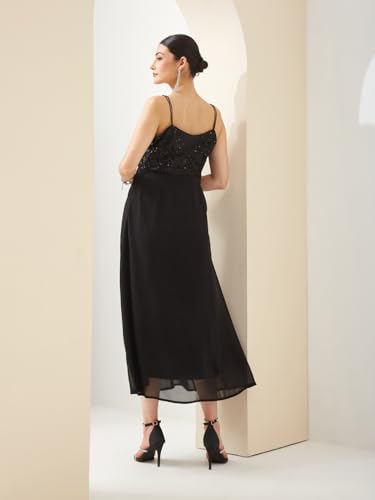 Latin Quarters Women Black V- Neck Sleeveless A-Line Sequined Party Dress_L