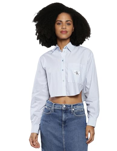 Calvin Klein Women's Vertical Stripes Fit Cropped Shirt (J20J222614CEZ_Blue