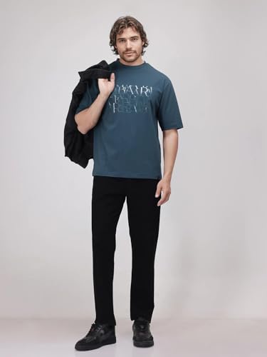 RARE RABBIT Men's Ovem Dusky Teal Cotton Blend Graphic Print Qlo Fit Half Sleeve Crew Neck T-Shirt