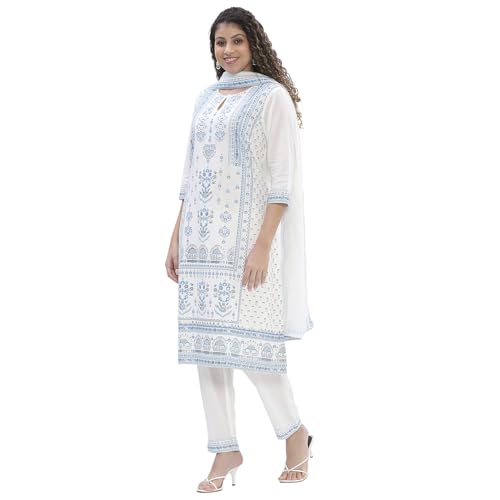 BIBA Women Off-white-Blue Cotton Straight Suit Set_38