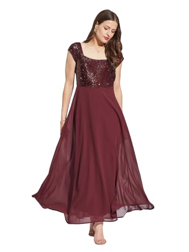 Latin Quarters Women Maroon Square Neck Cap Sleeves Solid Maxi Fit & Flare Dress L