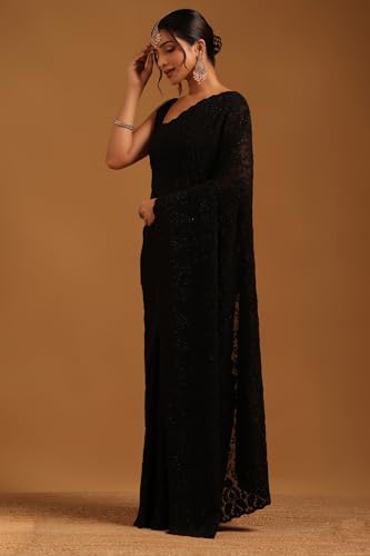 Soch Womens Black Georgette Botanical Saree With Stone Work