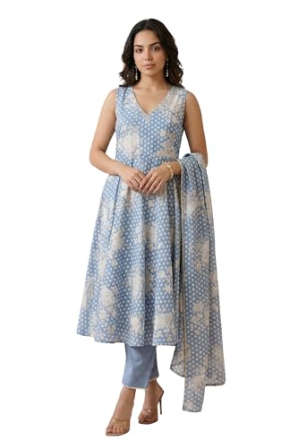 W for Woman Blue Floral Printed Lace Chanderi Sleeveless A-line Kurta with Straight Pants and Dupatta Set - (WS14081-127218-XL)