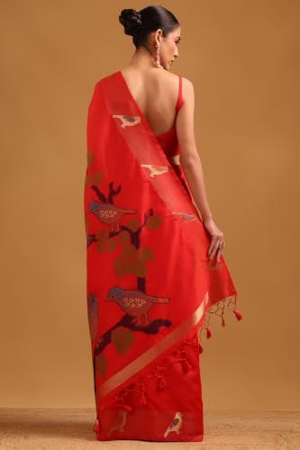 Soch Womens Red Tussar Zari Woven Bird Motifs Saree