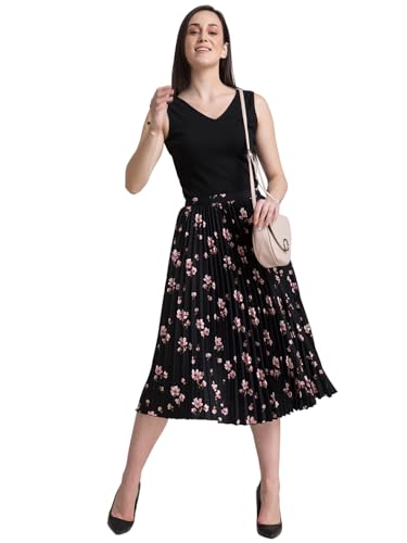 FableStreet Women Formal Skirt | Elegant A-Line Fit Knife Pleated Midi Design with Side Zip Closure | Smooth Texture & Classic Style for Office & Elevated Occasions Black