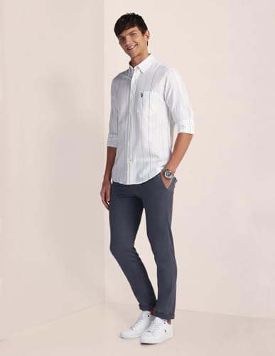 U.S. POLO ASSN. Mens White Striped Collared Neck Long Sleeve Men's Casual Shirts (USSHTFX0528_White_48)
