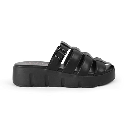 tresmode MAXIMUS Women's Wedges Sandals Platform Heels Black, 5 UK / 38 EU - Round Toe Chunky Sole Stylish Comfortable Soft Footwear