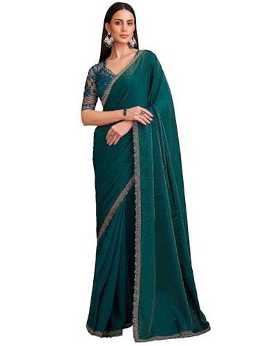 AKHILAM Women's Teal green Georgette Embellished Saree With Unstitched Blouse Piece (SALSA8102_TFH)