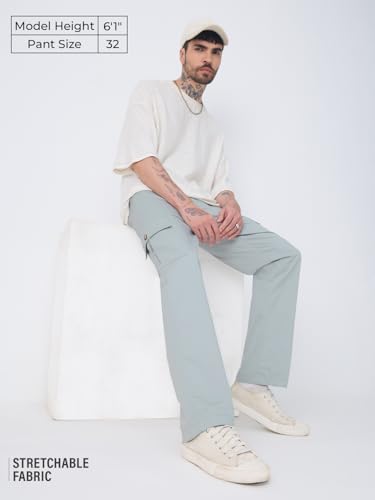 The Souled Store Solids: Storm Grey Men and Boys Solid Cotton Twill Stretchable Utility Easy to Style Casual Streetwear Straight Fit Cargo Pants