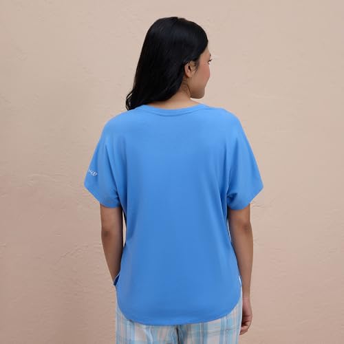 NYKD Buttery Soft Modal Cotton Graphic Tee for Women with Extended Sleeves – Comfortable Relaxed Fit, Stylish Design, Model NYS935 Blue