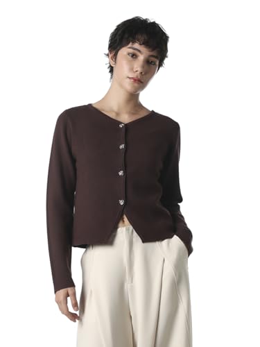 ONLY Women's Solid Regular Fit Dark Brown Sweater
