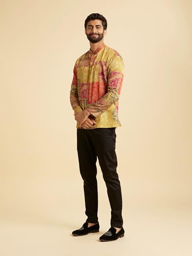 Manyavar Men's Satin Patchwork Floral Printed Short Kurta (Mehndi Green,XXXL)