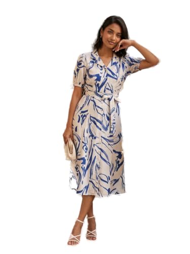 Max Women Printed Belted Midi Dress (White_S)