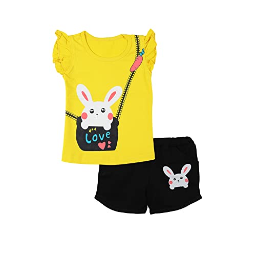 CATCUB Girl's Cotton Top & Shorts/hot Pants(CC-190-1-2; Yellow; 12-24 Months)
