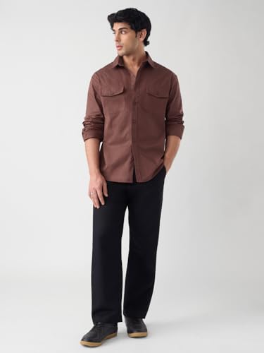 The Souled Store Utility Shirt: Merlot Men and Boys Long Sleeve Spread Collar Button Front Brown Solid Cotton Regular Utility Shirt