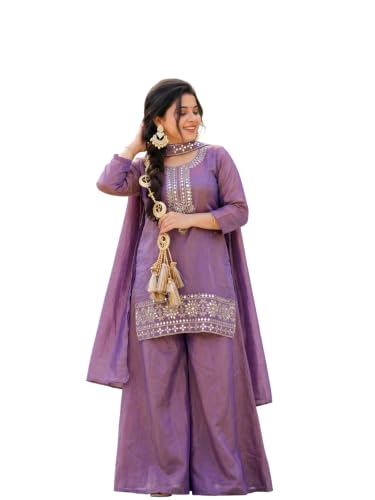 VARNI FABRICS: A lady's First Love Women's Purple Silk Blend Embroidered Straight Kurta Set With Palazzo And Dupatta
