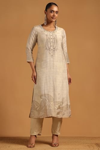 Soch Womens Beige Russian Silk Botanical Salwar Suit With Beads And Stones