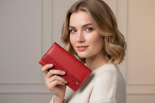Calfnero Women's Genuine Leather Wallet-Long Purse Wallet with Multiple Card Slots, Zip Pocket and Note Compartment (Red)