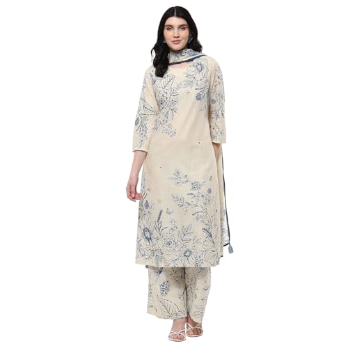 BIBA Women Off-White and Blue Cotton Straight Suit Set_44