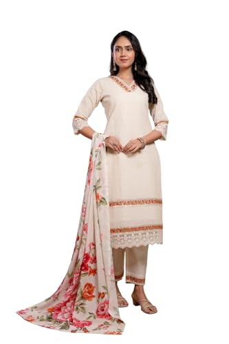 NIVANA Chikankari & Embroidered Kurta with Pant & Floral Printed Dupatta | M | Cream | V-Neck | 3/4 Sleeves