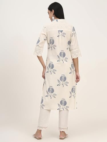 Divena Off White Floral Cotton A-Line Kurta (DBK1456)
