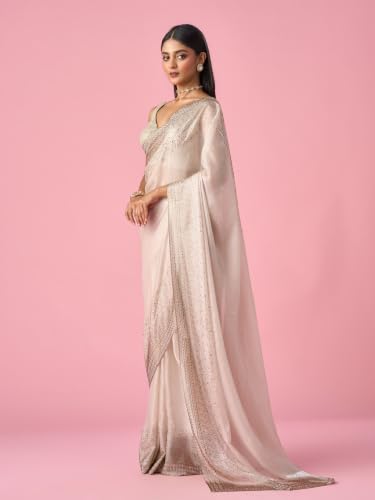 MOHEY Women's Cream Organza Saree with Stone Work with Blouse Piece (Cream)