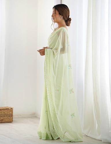 SGF11 Women's Georgette Silk and Sequence Work Saree With Unstiched Blouse Piece (Light Green)