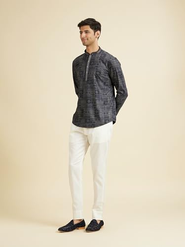 Manyavar Men's Cotton Blend Printed Short Kurta(Dark Grey,XXXL)