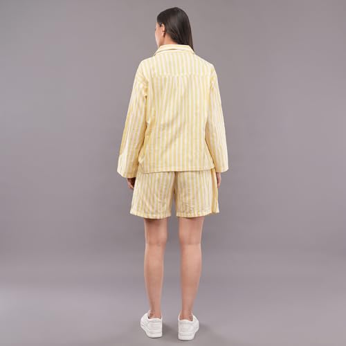 Women's Yellow Striped Lounge Co-ord Set | Full Sleeve Collared Button-Down Shirt with Shorts | Comfortable Casual Nightwear, Loungewear & Sleepwear Set for Women (in, Alpha, S, Regular)