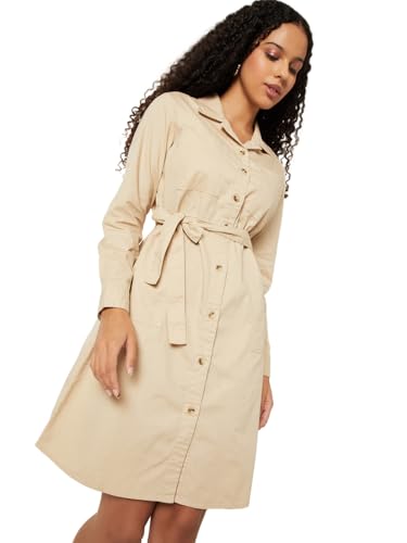 Max Women Solid Shirt Midi Dress (Beige_M)