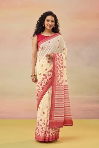 Taneira Women Light Yellow Cotton Mulmul Bengal Screen Print Saree with Unstitched Blouse (SAIP01AD4408 - Light Yellow)
