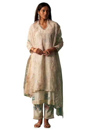 Wishful Women's White Floral Printed and Embroidered Layered Cotton Blend Kurta with Pant and Dupatta Set (SP12869-401079-2XL)