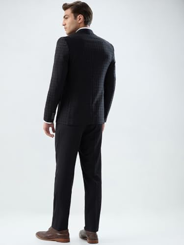 Park Avenue Men Super Slim Fit Jacquard Pattern Terry Rayon Blend Peak Lapel Full Sleeve Ceremonial Suit Black