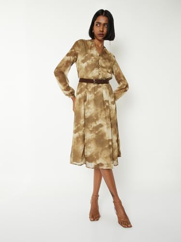 Max Women Printed A-line Dress with Belt (Beige_XXL)